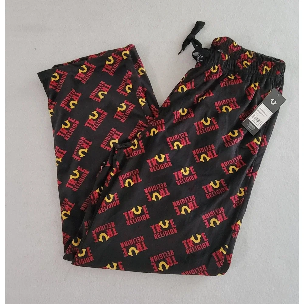 True Religion Men's Black Pajamas with Red and Yellow Logo Print Size L NWT